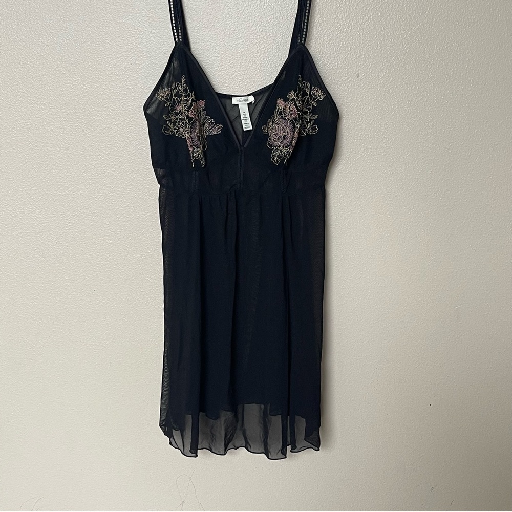 Vintage style Soma babydoll Black Mesh lingerie with Purple Embroidery sexy Y2K